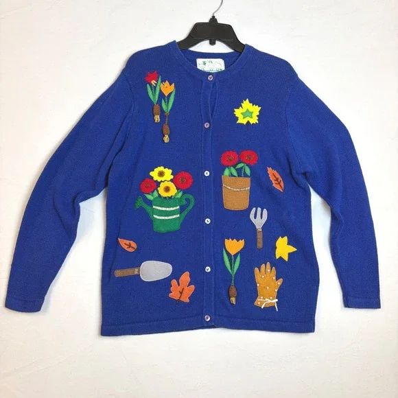 Quacker Factory Royal Blue Garden Spring Cardigan Sweater Womens Large Grandma - Picture 2 of 8